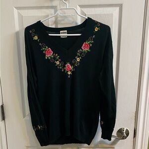 ades of California Floral Embroidered Black V Neck Vintage Sweater Women’s Large